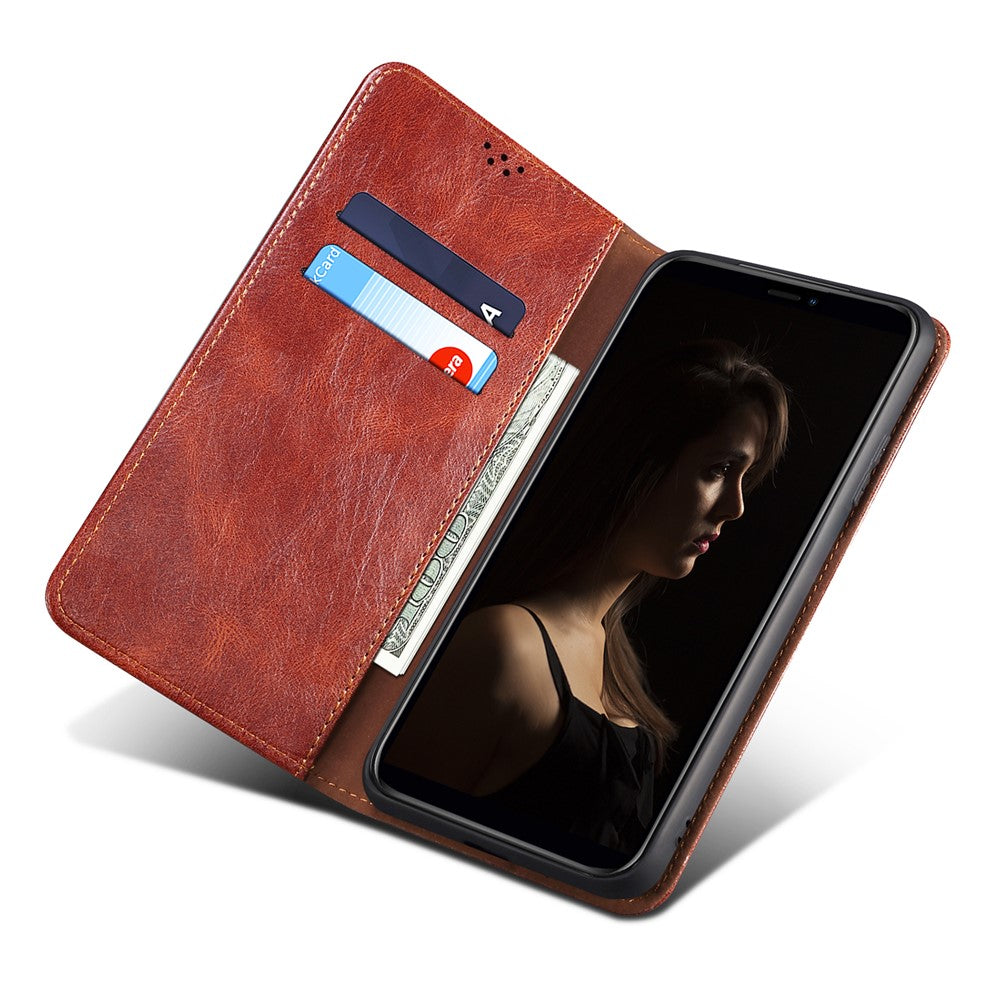 For Samsung Galaxy M14 5G Wallet Waxy Crazy Horse Texture Leather Phone Case Stand Cell Phone Cover - Brown