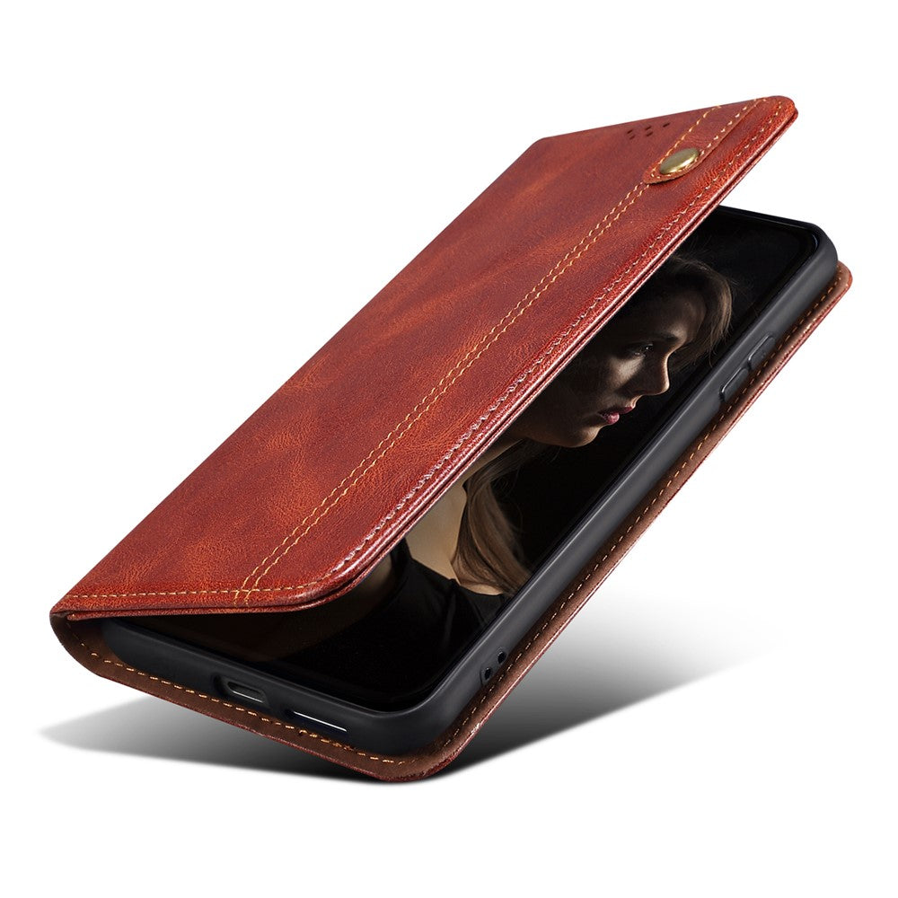 For Samsung Galaxy M14 5G Wallet Waxy Crazy Horse Texture Leather Phone Case Stand Cell Phone Cover - Brown