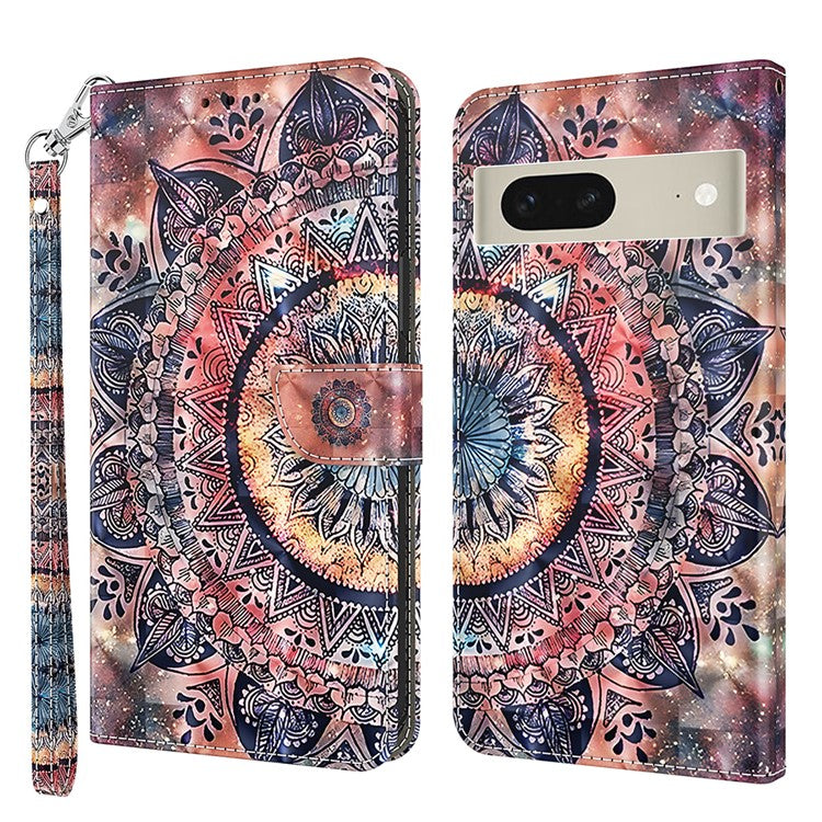 For Google Pixel 7 5G PU Leather Wallet Stand Phone Case 3D Pattern Printing Anti-drop Shell - Color Mandala