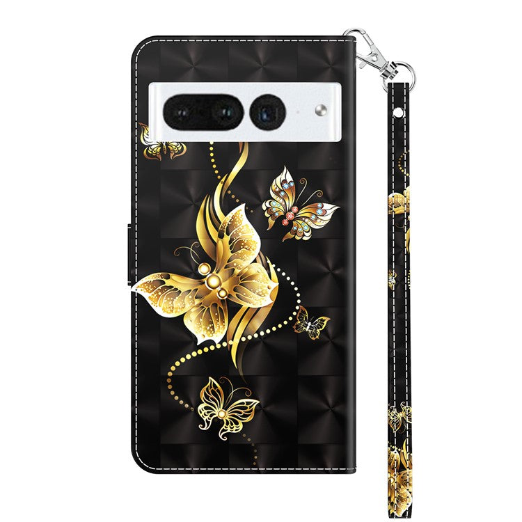 For Google Pixel 7 Pro 5G PU Leather Phone Case 3D Pattern Printing Flip Stand Wallet Shell - Golden Butterfly