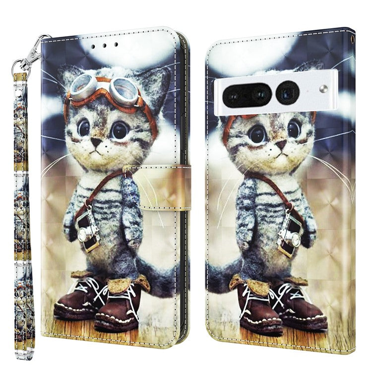 For Google Pixel 7 Pro 5G PU Leather Phone Case 3D Pattern Printing Flip Stand Wallet Shell - Standing Cat