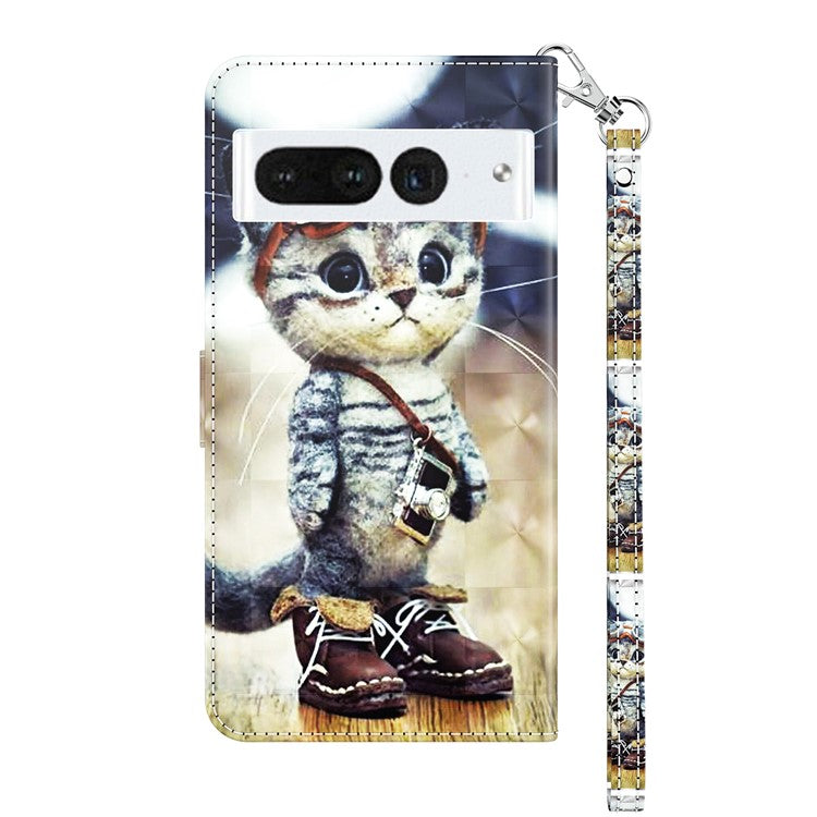 For Google Pixel 7 Pro 5G PU Leather Phone Case 3D Pattern Printing Flip Stand Wallet Shell - Standing Cat