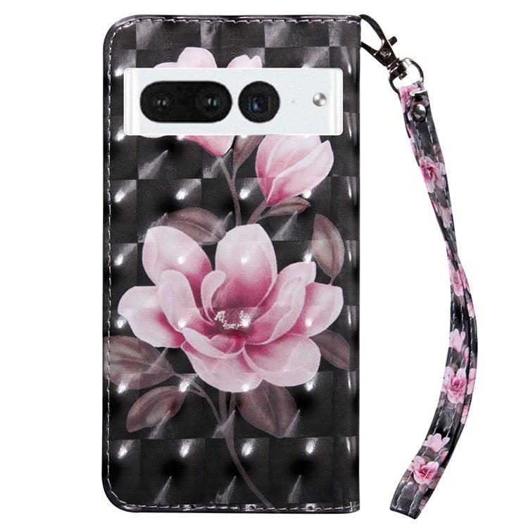For Google Pixel 7 Pro 5G PU Leather Phone Case 3D Pattern Printing Flip Stand Wallet Shell - Pink Flower