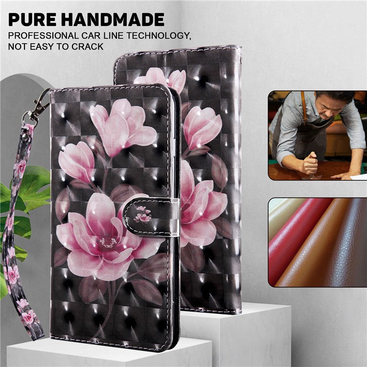 For Google Pixel 7a PU Leather Stand Wallet Shockproof Cover 3D Pattern Printing Phone Case - Pink Flower
