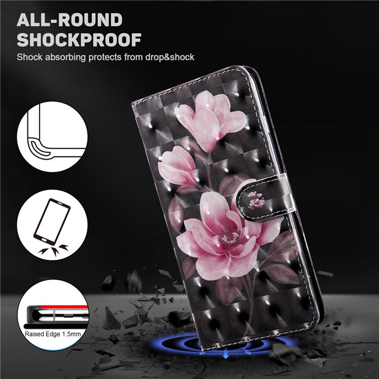 For Google Pixel 7a PU Leather Stand Wallet Shockproof Cover 3D Pattern Printing Phone Case - Pink Flower