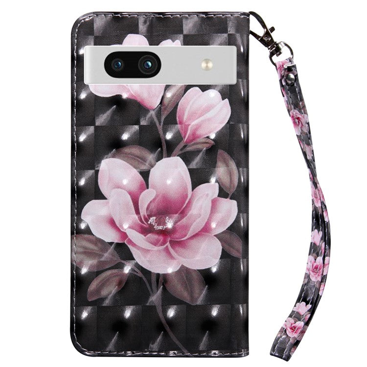 For Google Pixel 7a PU Leather Stand Wallet Shockproof Cover 3D Pattern Printing Phone Case - Pink Flower