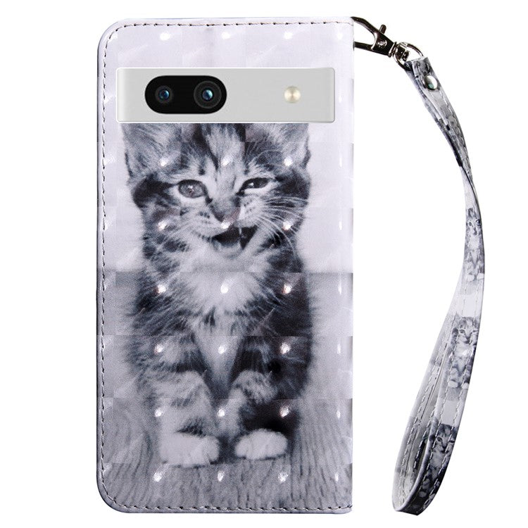 For Google Pixel 7a PU Leather Stand Wallet Shockproof Cover 3D Pattern Printing Phone Case - Cat