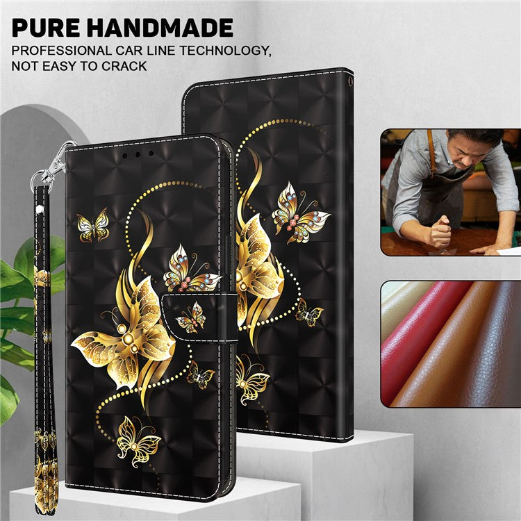 For Google Pixel 7a PU Leather Stand Wallet Shockproof Cover 3D Pattern Printing Phone Case - Golden Butterfly