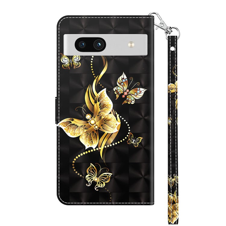 For Google Pixel 7a PU Leather Stand Wallet Shockproof Cover 3D Pattern Printing Phone Case - Golden Butterfly