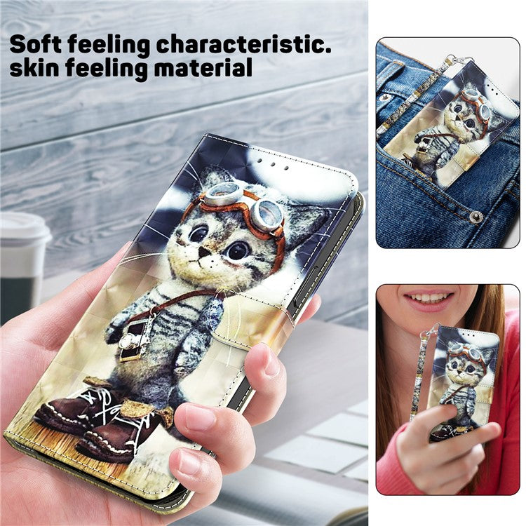 For Google Pixel 7a PU Leather Stand Wallet Shockproof Cover 3D Pattern Printing Phone Case - Standing Cat