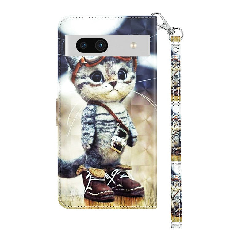 For Google Pixel 7a PU Leather Stand Wallet Shockproof Cover 3D Pattern Printing Phone Case - Standing Cat