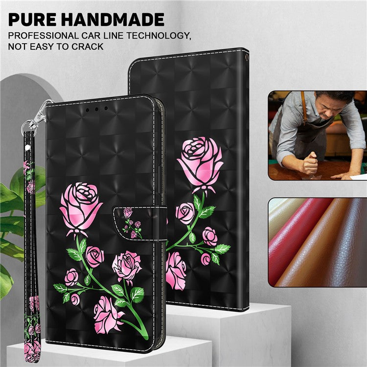 For Google Pixel 7a PU Leather Stand Wallet Shockproof Cover 3D Pattern Printing Phone Case - Rose Flower
