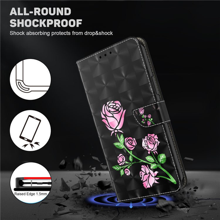 For Google Pixel 7a PU Leather Stand Wallet Shockproof Cover 3D Pattern Printing Phone Case - Rose Flower