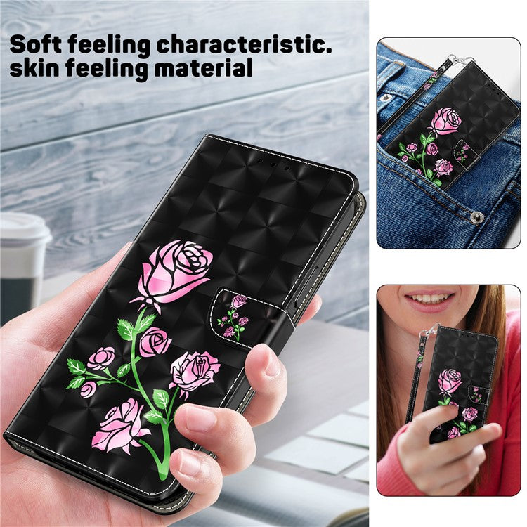 For Google Pixel 7a PU Leather Stand Wallet Shockproof Cover 3D Pattern Printing Phone Case - Rose Flower
