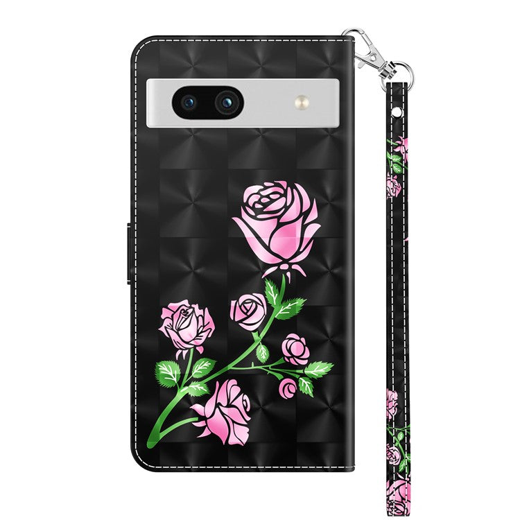 For Google Pixel 7a PU Leather Stand Wallet Shockproof Cover 3D Pattern Printing Phone Case - Rose Flower