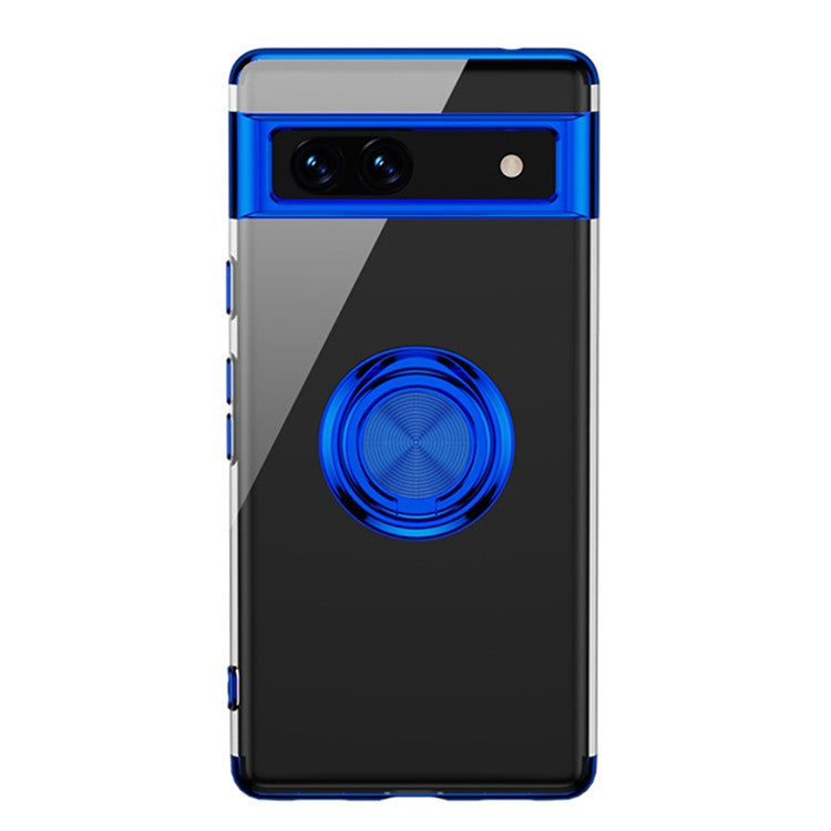 For Google Pixel 7a Ring Kickstand Electroplating TPU Phone Case Anti-drop Back Cover - Blue