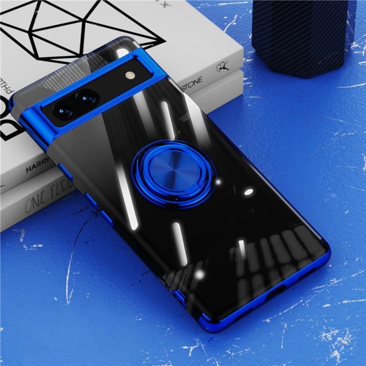 For Google Pixel 7a Ring Kickstand Electroplating TPU Phone Case Anti-drop Back Cover - Blue