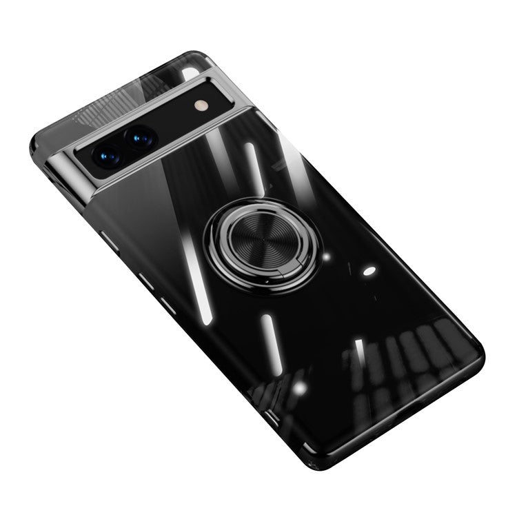 For Google Pixel 7a Ring Kickstand Electroplating TPU Phone Case Anti-drop Back Cover - Black