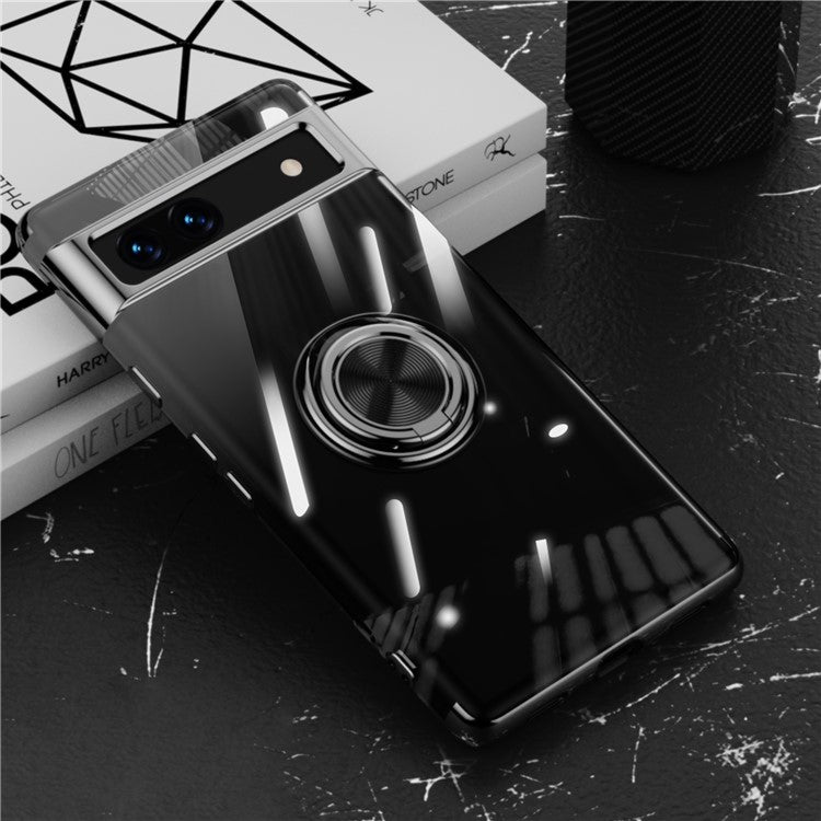 For Google Pixel 7a Ring Kickstand Electroplating TPU Phone Case Anti-drop Back Cover - Black