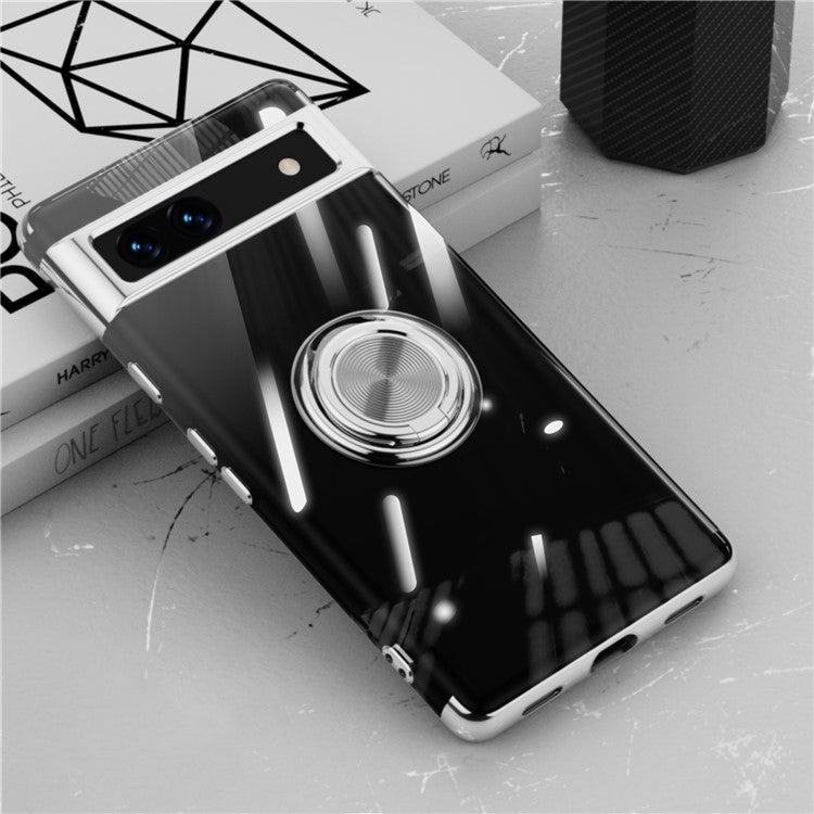 For Google Pixel 7a Ring Kickstand Electroplating TPU Phone Case Anti-drop Back Cover - Silver