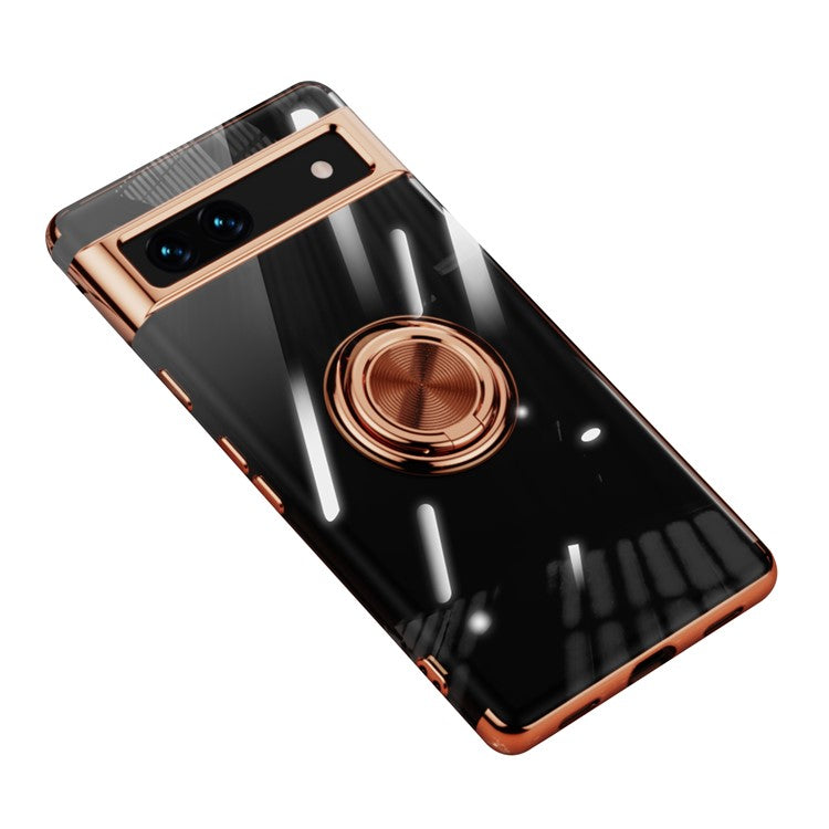 For Google Pixel 7a Ring Kickstand Electroplating TPU Phone Case Anti-drop Back Cover - Rose Gold
