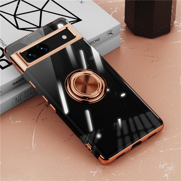 For Google Pixel 7a Ring Kickstand Electroplating TPU Phone Case Anti-drop Back Cover - Rose Gold