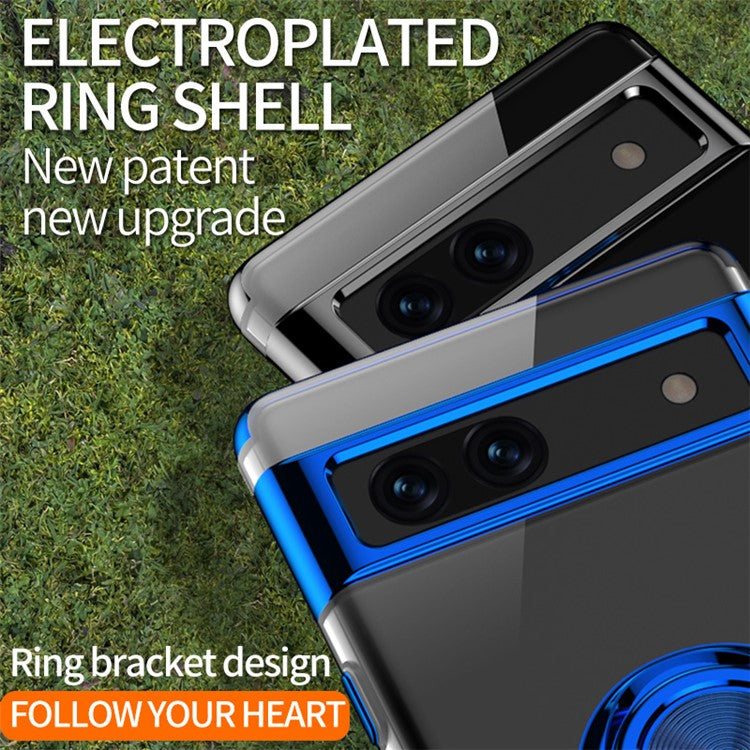 For Google Pixel 7a Ring Kickstand Electroplating TPU Phone Case Anti-drop Back Cover - Rose Gold