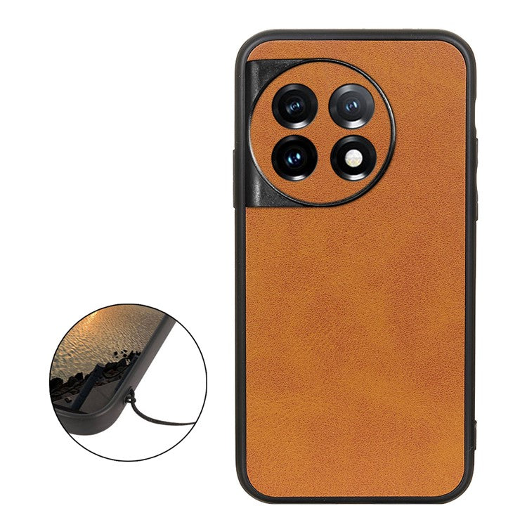 For OnePlus 11 5G PC+TPU+PU Leather Phone Case Cowhide Texture Anti-Scratch Back Cover - Brown