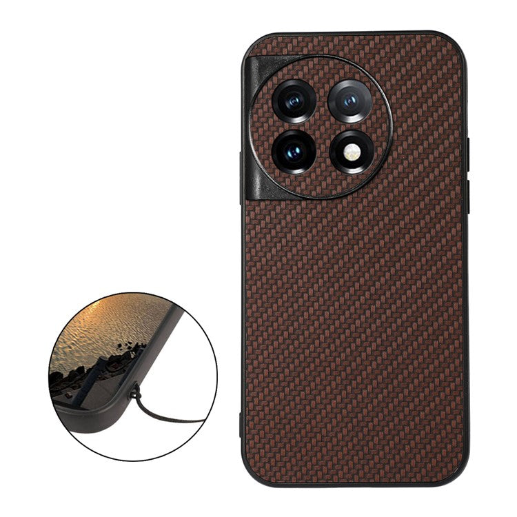 For OnePlus 11 5G Carbon Fiber Texture Phone Case Anti-drop PU Leather Coated TPU Cover - Brown