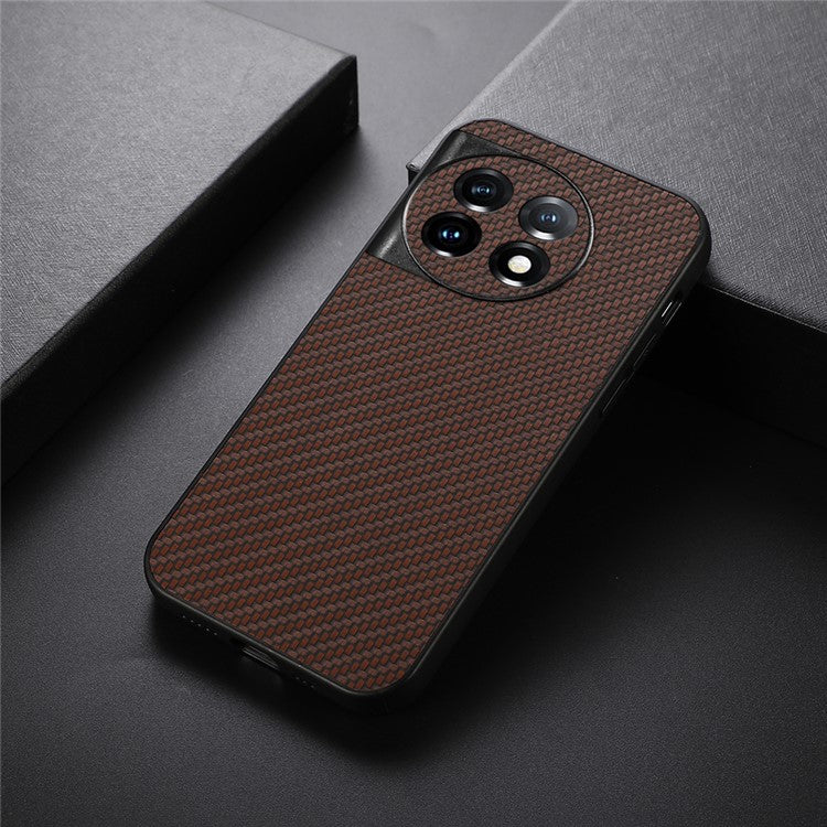 For OnePlus 11 5G Carbon Fiber Texture Phone Case Anti-drop PU Leather Coated TPU Cover - Brown