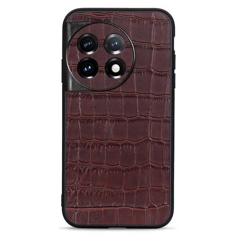 For OnePlus 11 5G Genuine Leather + TPU Crocodile Texture Phone Case Drop-proof Mobile Cover - Brown