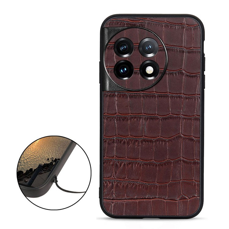 For OnePlus 11 5G Genuine Leather + TPU Crocodile Texture Phone Case Drop-proof Mobile Cover - Brown