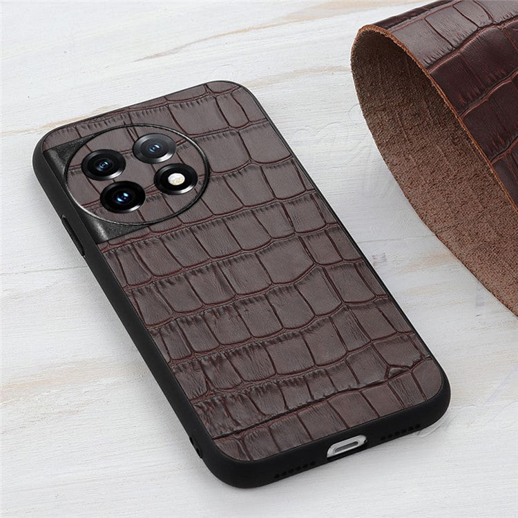 For OnePlus 11 5G Genuine Leather + TPU Crocodile Texture Phone Case Drop-proof Mobile Cover - Brown