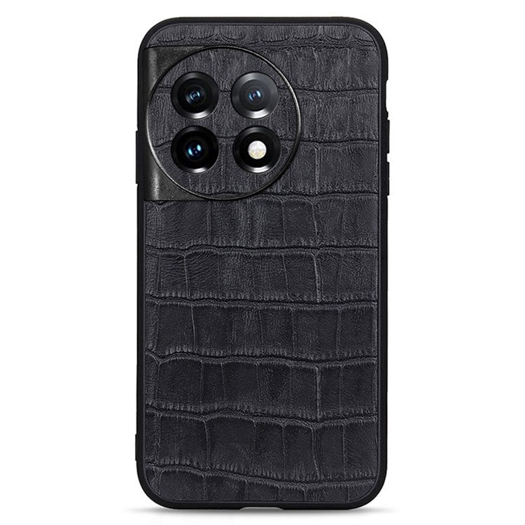 For OnePlus 11 5G Genuine Leather + TPU Crocodile Texture Phone Case Drop-proof Mobile Cover - Black