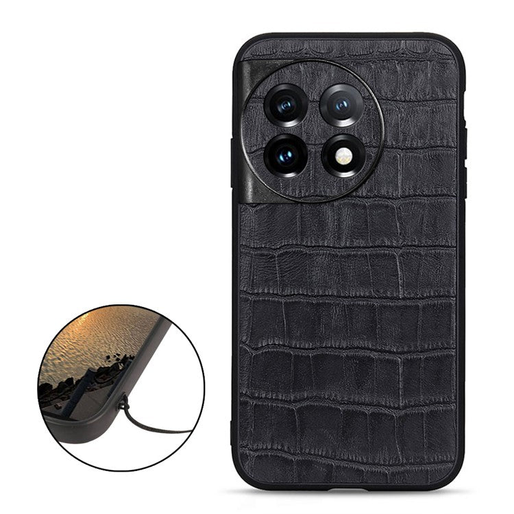 For OnePlus 11 5G Genuine Leather + TPU Crocodile Texture Phone Case Drop-proof Mobile Cover - Black