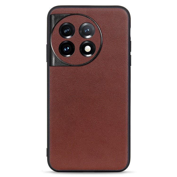For OnePlus 11 5G Textured Genuine Leather Coated TPU Cover Drop Protection Phone Case - Brown