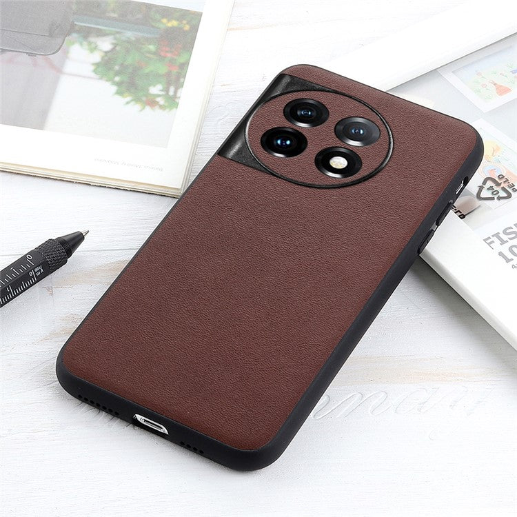 For OnePlus 11 5G Textured Genuine Leather Coated TPU Cover Drop Protection Phone Case - Brown