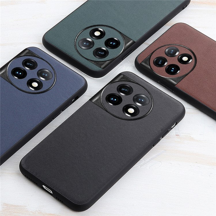For OnePlus 11 5G Textured Genuine Leather Coated TPU Cover Drop Protection Phone Case - Brown