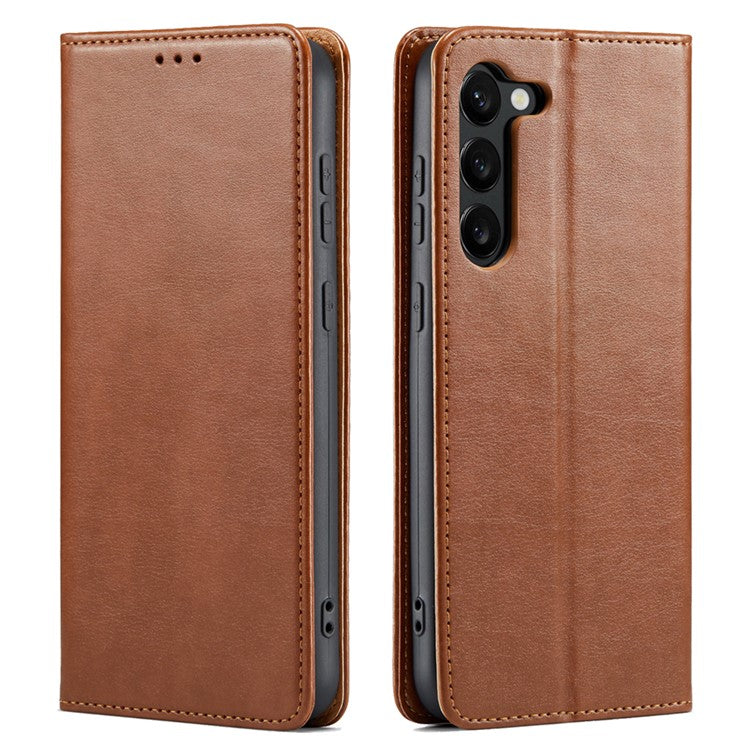 FIERRE SHANN for Samsung Galaxy S23 Phone Stand Case Wallet Protective Leather Phone Cover - Brown