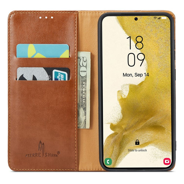 FIERRE SHANN for Samsung Galaxy S23 Phone Stand Case Wallet Protective Leather Phone Cover - Brown