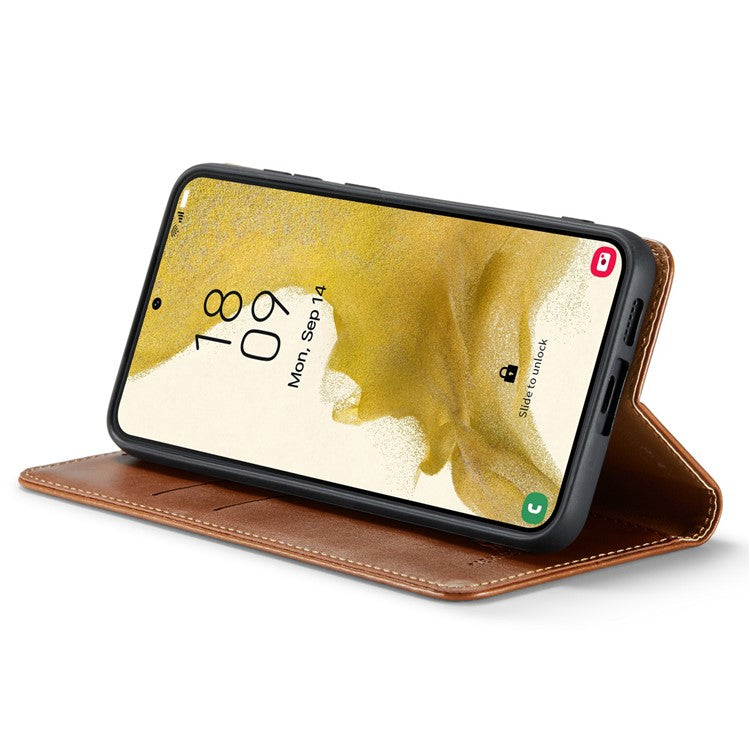 FIERRE SHANN for Samsung Galaxy S23 Phone Stand Case Wallet Protective Leather Phone Cover - Brown