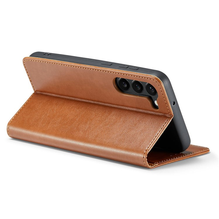 FIERRE SHANN for Samsung Galaxy S23 Phone Stand Case Wallet Protective Leather Phone Cover - Brown