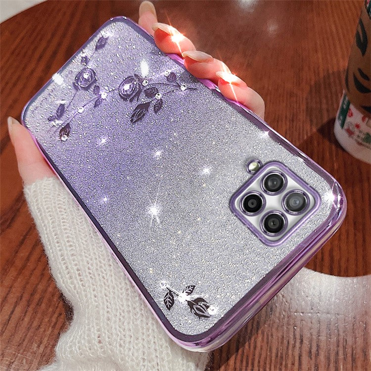 KADEM For Samsung Galaxy A42 5G / M42 5G Gradient Glitter Powder TPU Cover Rhinestone Decor Flower Pattern Anti-drop Protective Case - Purple