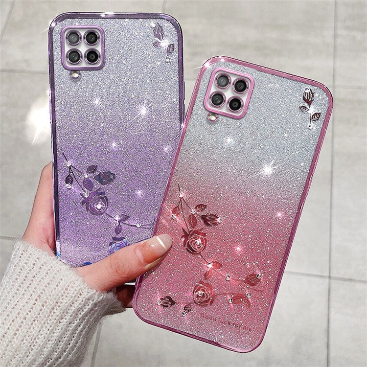 KADEM For Samsung Galaxy A42 5G / M42 5G Gradient Glitter Powder TPU Cover Rhinestone Decor Flower Pattern Anti-drop Protective Case - Purple
