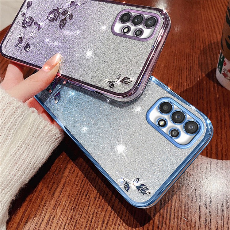KADEM Flower Gradient Glitter Powder Phone Case for Samsung Galaxy A73 5G , Rhinestone Decor Phone Cover - Purple