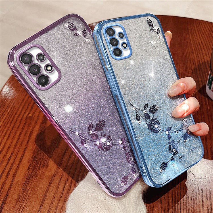 KADEM Flower Gradient Glitter Powder Phone Case for Samsung Galaxy A73 5G , Rhinestone Decor Phone Cover - Purple
