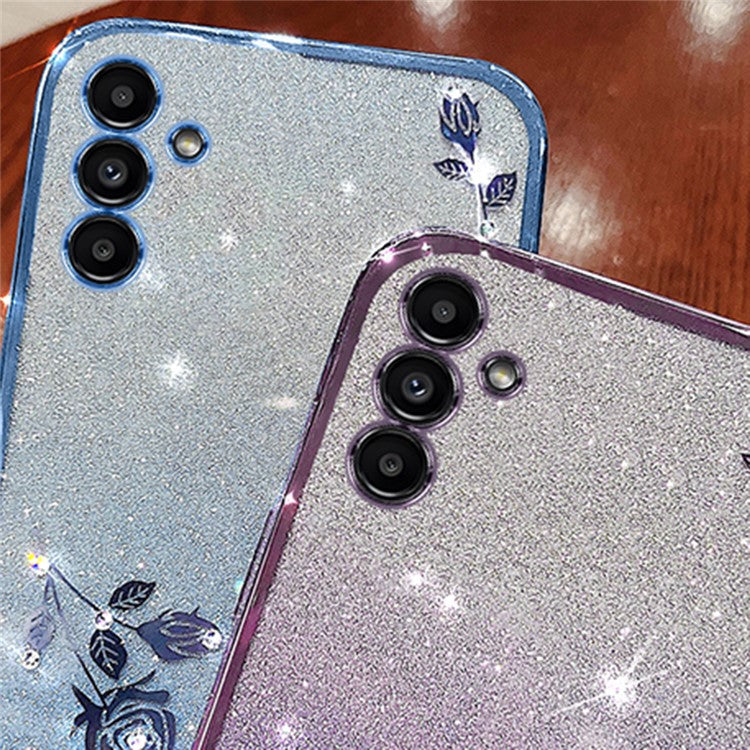 KADEM Phone Cover for Samsung Galaxy A13 5G , Gradient Glitter Powder Rhinestone Flower Protective Case - Blue