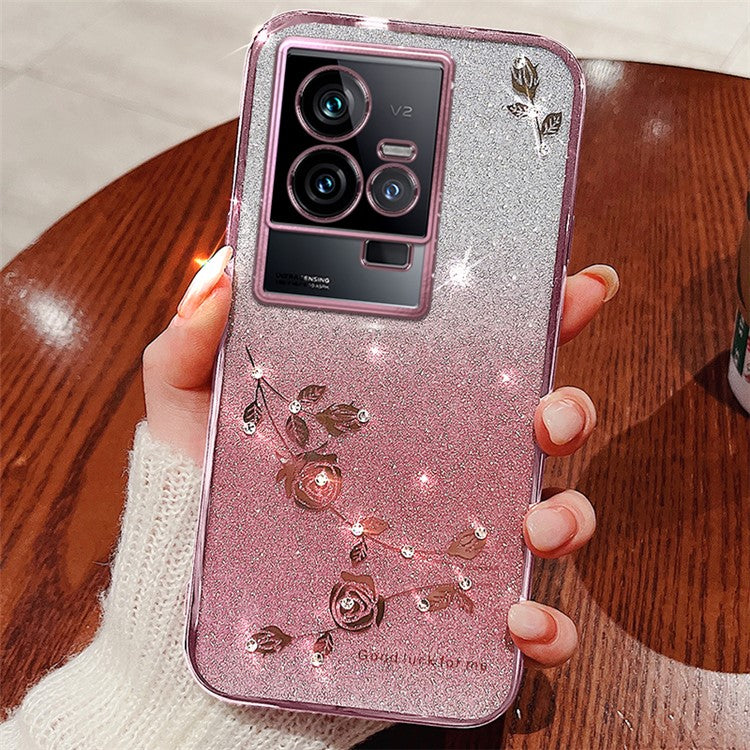 KADEM Phone TPU Case for vivo iQOO 11 5G , Gradient Glitter Flower Rhinestone Decor Phone Cover - Rose Gold