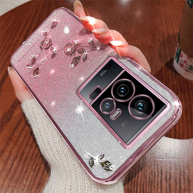 KADEM Phone TPU Case for vivo iQOO 11 5G , Gradient Glitter Flower Rhinestone Decor Phone Cover - Rose Gold