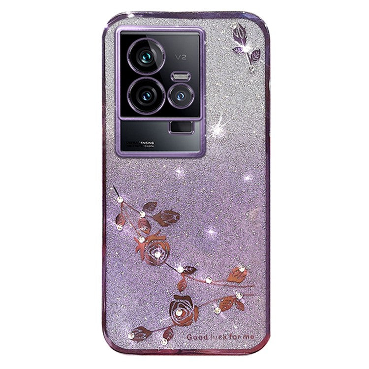KADEM Phone TPU Case for vivo iQOO 11 5G , Gradient Glitter Flower Rhinestone Decor Phone Cover - Purple